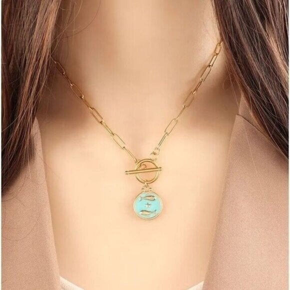 Zodiac Pendant Necklace Waterproof Gold Toggle Clasp Turquoise pendant Necklace - Picture 1 of 12